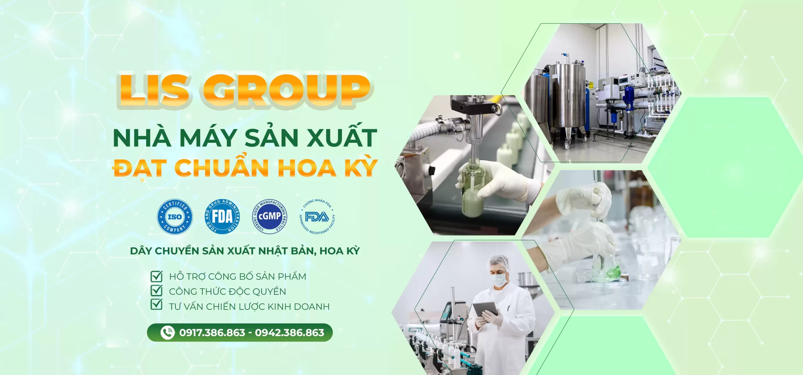 Banner Lis Group nhà máy gia công sản xuất thực phẩm chức năng, thuốc cổ truyền, mỹ phẩm và sữa bột